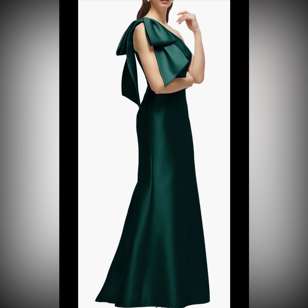 Alfred Sung Bow One-Shoulder Satin Twill Mermaid Gown,evergreen,sz 6, New - Picture 1 of 8